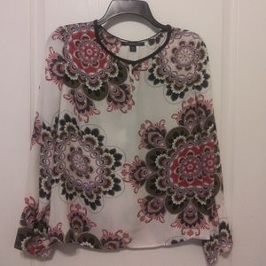Long sleeve pink, white, and black blouse